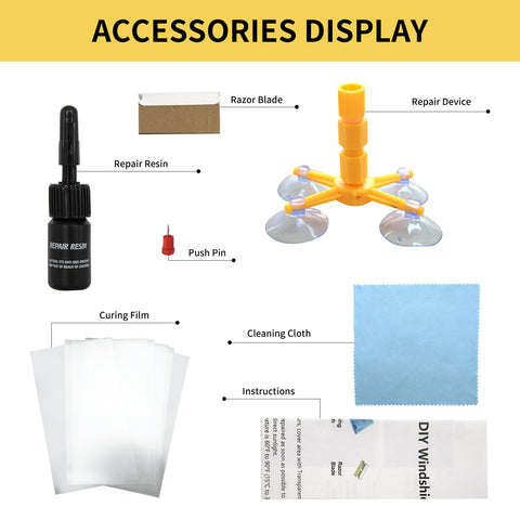 Windshield Chip Repair Kit accessories including resin, suction device, and cloth for star-shaped and bull-eye cracks repair