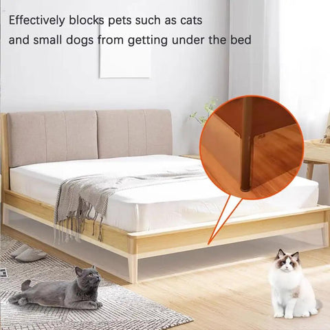 Adjustable Under Bed Blocker 8 Pack Clear Pet Gap Stopper For Furniture shown under a bed blocking pets like cats from accessing underneath.
