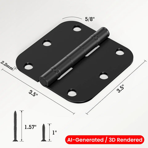 Top Shelf Matte Black Door Hinges 3.5 Inch with 5/8 inch rounded corners and screws, designed for smooth door operation.