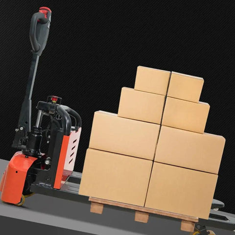 Heavy Duty Electric Pallet Jack With 3300 Lbs Capacity And Thick Alloy Frame For Factory Warehousing Plus Silent Wheels And 24 Volt Lithium Battery with stacked boxes