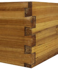 Corner view of Medium 10 Frame Wax Dipped Fir Wood Langstroth Honey Super with dovetail joints showing durable construction