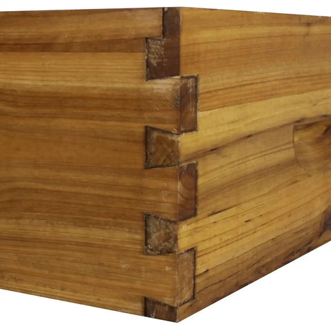 Corner view of Medium 10 Frame Wax Dipped Fir Wood Langstroth Honey Super with dovetail joints showing durable construction