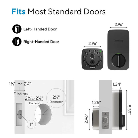 Bolt Pro WiFi Smart Deadbolt Lock With Apple Home Key Matter Support, dimensions for standard doors, shows left/right-handed options.