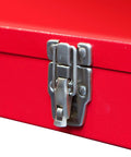 Hip Roof Portable Steel Tool Box Organizer For Home, Garage And Job Site, Tough As Nails Heavy Duty Metal Storage Chest With Rugged Powder Coat Finish, Secure Latch, Removable Tray, And Easy Carry Handle For Pros close-up of red steel latch
