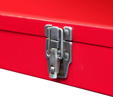 Hip Roof Portable Steel Tool Box Organizer For Home, Garage And Job Site, Tough As Nails Heavy Duty Metal Storage Chest With Rugged Powder Coat Finish, Secure Latch, Removable Tray, And Easy Carry Handle For Pros close-up of red steel latch