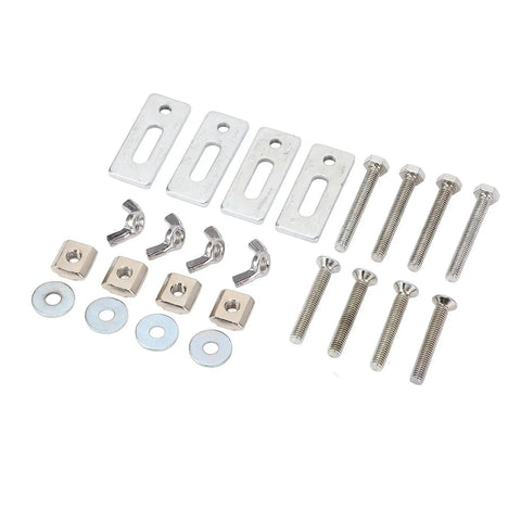 Top Notch 4 Pc Zinc Aluminum T Track Mini Hold Down Clamps For 3018 Series CNC Router Desk hardware parts including plates screws and washers.