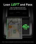 Counterfeit Bill Detector With 2.8 Inch Digital Screen, showing a USD bill being scanned with green indicator light.