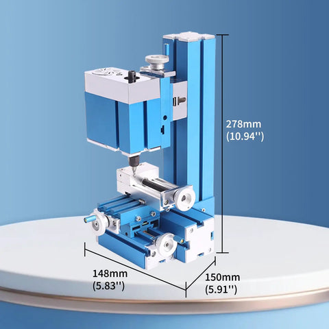 Dope Little Mini Milling Machine For Wood And Soft Metals, Compact Hobby Tool dimensions shown against blue background