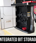 All In One Router Table And 10 Amp Fixed Base Router Kit with empty integrated bit storage compartment open showing shelves