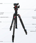 72 Inch Travel Tripod and Monopod for Cameras and Mobile Phones with Arca Type Ball Head, Lightweight Portable Stand for On The Go Filming, iPhone Holder, Supports Up To 13.2 Lb, TP14B, standing with labeled features