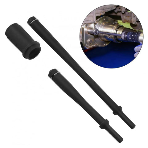 Heavy Duty Pneumatic Anchor Pin Bushing Driver Kit for Trucks and Trailers One And Three Eighths Inch Pins Removal And Installation Eleven And A Half Inch Drive Beefed Up Long And Short Drivers For Quick Safe Leaf Spring Bushing Service with two drivers and bushing, shown during installation