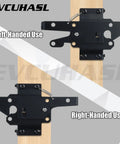 Heavy Duty Rock Solid Self Locking Gate Latch Post Mount Automatic Gravity Door Security Hardware Steel Black Finish For Backyard Pool Fence Upgrade showing left and right-handed use on a wooden post.
