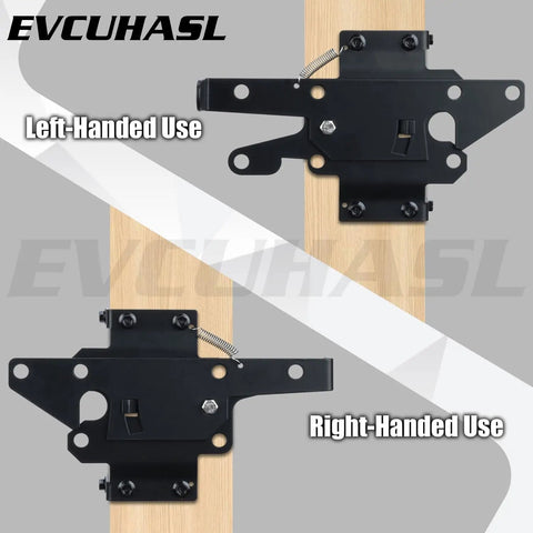 Heavy Duty Rock Solid Self Locking Gate Latch Post Mount Automatic Gravity Door Security Hardware Steel Black Finish For Backyard Pool Fence Upgrade showing left and right-handed use on a wooden post.