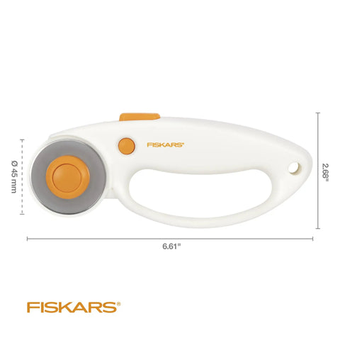 45mm Rotary Fabric Cutter With Ergonomic Loop Grip For Easy Precise Cuts, Heavy Duty Premium Steel Blade shown with dimensions