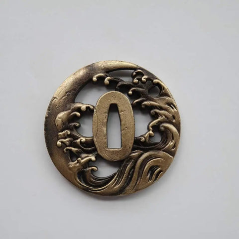 Antique Copper Tsuba And Fuchi Kashira Menuki Set, handcrafted 8 to 9 cm guard with Japanese armor style wave design