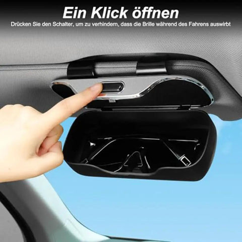 Premium Abs Sunglasses Holder For Tesla Cybertruck Sun Visor showing one hand pressing the quick release button to open.