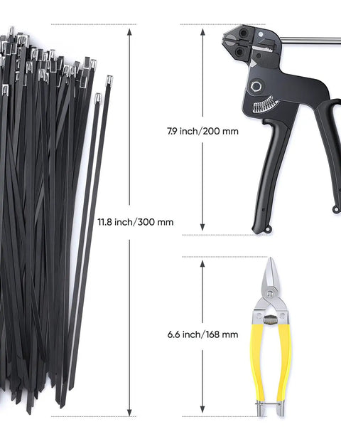 Heavy Duty Stainless Steel Zip Ties Kit With Quick Cutter Tool 150 Pcs 11.8 Inch shown with cutter and plier sizes