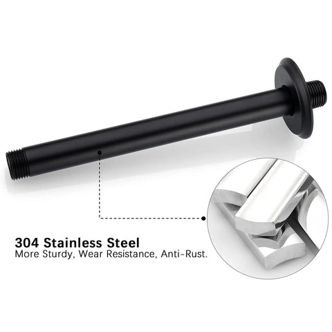 Slick Matte Black 8 Inch Ceiling Mounted Shower Arm With Flange For Rain Shower Head, 304 Stainless Steel Construction, Close-Up