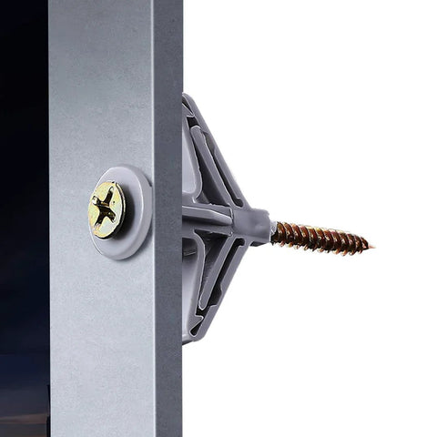 Side view of self drilling hollow wall anchor kit with screws for drywall and plaster grey plastic anchors supports up to 65 lbs