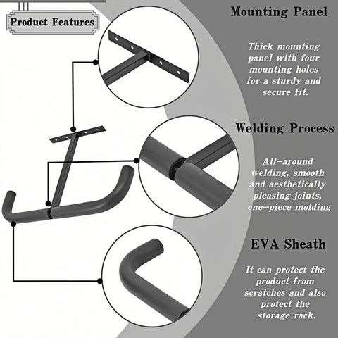 Diagram showing overhead garage storage hooks and heavy-duty double ceiling rack installation, welding, and EVA sheath features.
