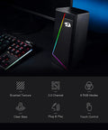 GS520 RGB Desktop Speakers 2.0 Channel PC Computer Stereo System with LED modes, shown next to a gaming keyboard on a desk.