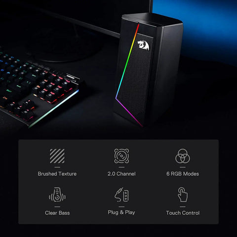 GS520 RGB Desktop Speakers 2.0 Channel PC Computer Stereo System with LED modes, shown next to a gaming keyboard on a desk.