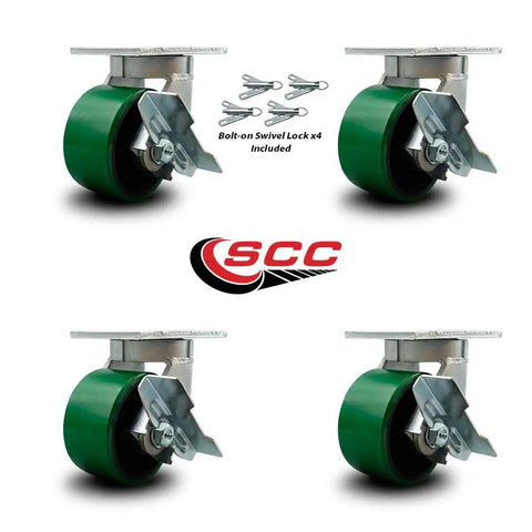 Extra Heavy Duty Six Inch Swivel Caster Set delivering smooth rolls with rock solid green polyurethane wheels and tough cast iron core