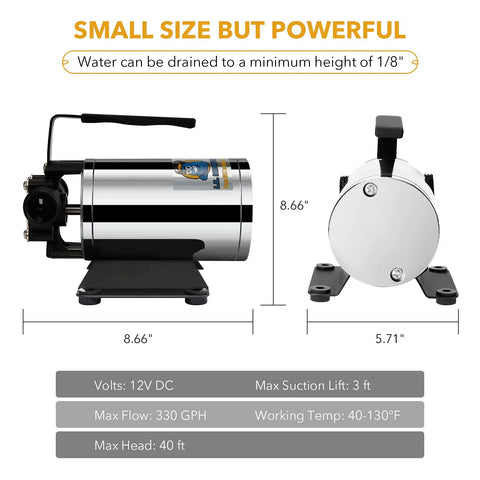 No Bull No Hassle 12V Water Transfer Pump 330 Gallons Per Hour, compact design with 8.66" height for effective water drainage.