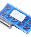 LT16ER 3 Carbide Shims For Indexable External Threading Holders in blue plastic case with 10 triangular inserts