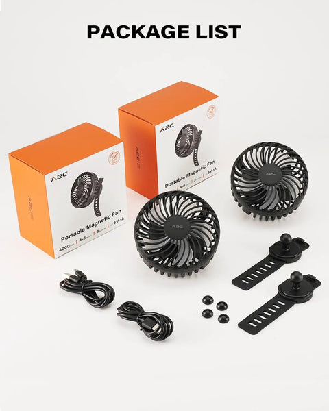 Package list showing Rechargeable Golf Cart Clip On Fan 2 Pack Battery Powered Portable Cooling For EZGO Club Car Yamaha