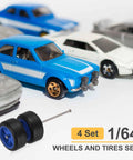 1/64 Scale Wheel And Tire Set With Axles For RC Diecast Cars Real Riders Rims, shown with blue model car in background
