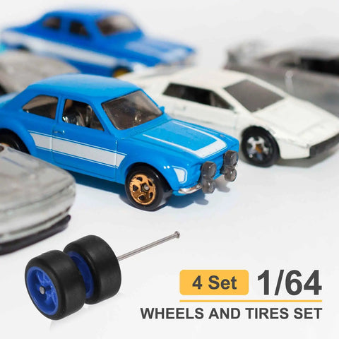 1/64 Scale Wheel And Tire Set With Axles For RC Diecast Cars Real Riders Rims, shown with blue model car in background