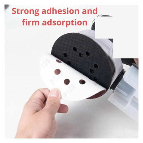 Super Tough 50 Pack Sanding Discs With Fast Hook Loop Change For Woodworking Metal Polishing Aluminum Oxide Abrasive Paper attached to sander.