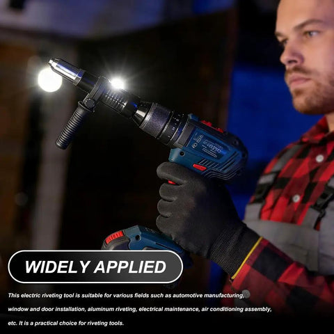 Person using Rivet Gun Adapter Kit For Cordless Drill Riveter With 2.4mm 3.2mm 4.0mm 4.8mm Rivet Heads in workshop