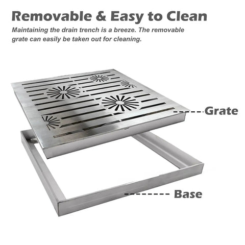 Heavy Duty Sewer Drainage Grate And Base For Large Outdoor Catch Basin Trench Cover Built From Tough 304 Stainless Steel with clean design.