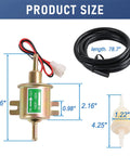 12V Electric Fuel Pump Kit Plug And Play, Low Pressure 3 To 6 PSI with dimensions and components, including fuel line and filter.