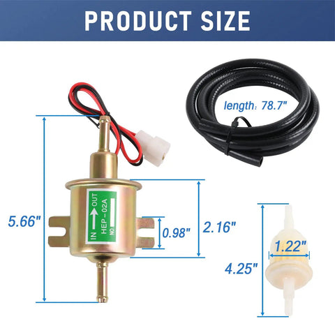 12V Electric Fuel Pump Kit Plug And Play, Low Pressure 3 To 6 PSI with dimensions and components, including fuel line and filter.