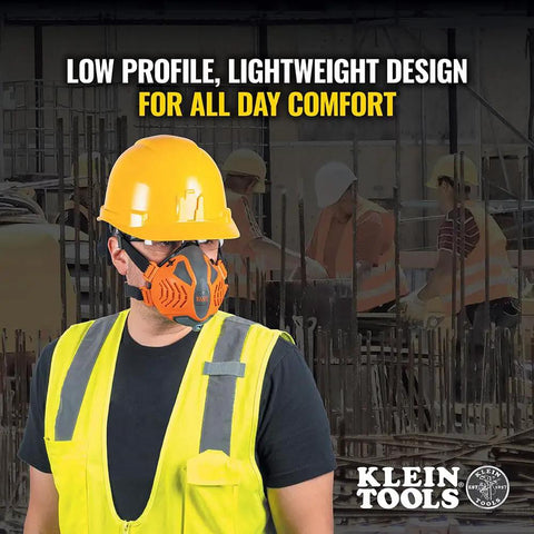 Worker wearing Reusable P100 Half Mask Respirator With Replaceable Filters For Dust Metal Fumes And Oil Mist, at construction site.