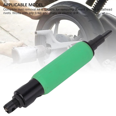 Blind Rivet Removal Tool Kit For 1/4 Inch Drills, Built For Fast, No Hassle Rivet Popper Action, Universal Compatibility With Pneumatic Or Electric, Includes Guide And Five High Speed Threaded Bits That Precisely Fit 1/8 Inch Rivets. Green drill attachment for removing rivets.