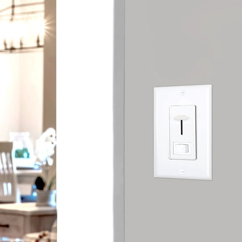 LED Dimmer Light Switch For Home Use 3 Way And Single Pole 600W Incandescent Max 150W Dimmable LED CFL Dimmable White Wall Plate Included Easy Slide Control Fits Modern Living Spaces Great For Dimming LED And Incandescent Lights In Any Room installed on a gray wall.