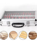 Top Notch 35 Piece Red Carbide Router Bit Set With 12 Mm Shank Wood End Mills, displayed in a clear case for easy access.