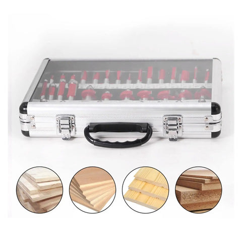 Top Notch 35 Piece Red Carbide Router Bit Set With 12 Mm Shank Wood End Mills, displayed in a clear case for easy access.