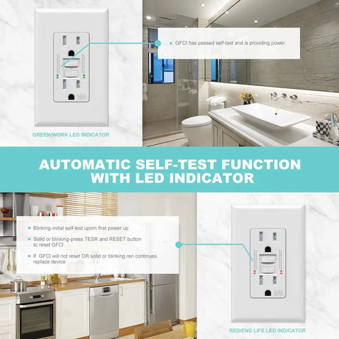 GFCI Outlet Weather Resistant Tamper Resistant Outdoor Receptacle With Self Test LED Indicator 15 Amp 125 Volt Screwless Wall Plate Included ETL Listed 6 Pack White in kitchen and bathroom setup.