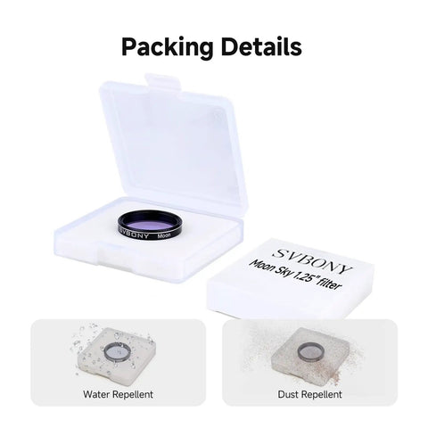 1.25 Inch Moon Filter For Telescopes in case showing water and dust repellent features, ideal for crystal clear lunar and planetary viewing.