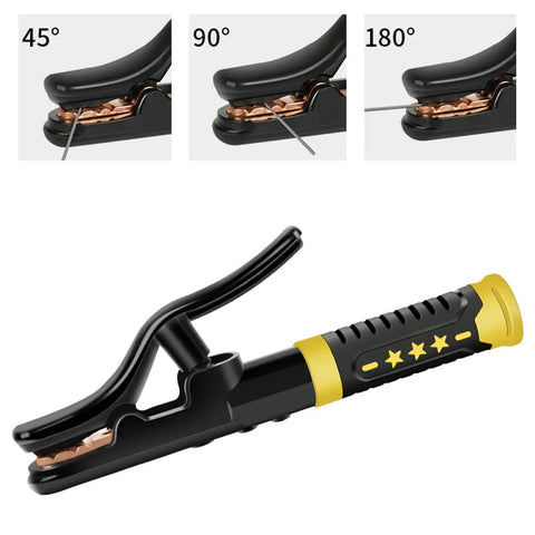 Heavy Duty Copper Welding Clamp For 800 To 1000 Amp Stick Welders High Heat Burn Shield Ground Electrode Holder Super Cool Grip Tool angled view showing copper contact points and adjustable grip
