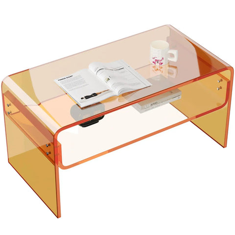 Orange Acrylic Coffee Table With Open Storage Two Tier Clear Modern Coffee Table For Living Room Office Reception And Bedroom