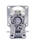 Premium Worm Gear Speed Reducer Compatible With NMRV050 RV050 Gearboxes, 50:1 ratio, aluminum casing, front view.