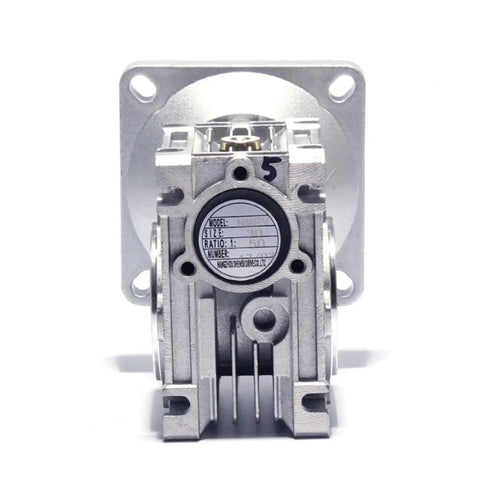 Premium Worm Gear Speed Reducer Compatible With NMRV050 RV050 Gearboxes, 50:1 ratio, aluminum casing, front view.