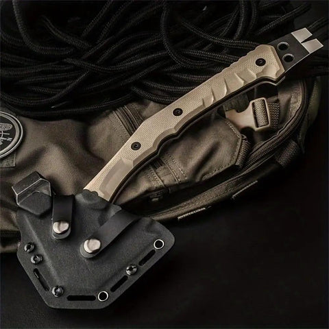 Tactical Engineer Axe Multitool For Survival And Camping With Explosion Proof Blade Fire Rescue Hammer Hiking Gear Stainless Steel With Leather Sheath Yellow on backpack, handle detail.