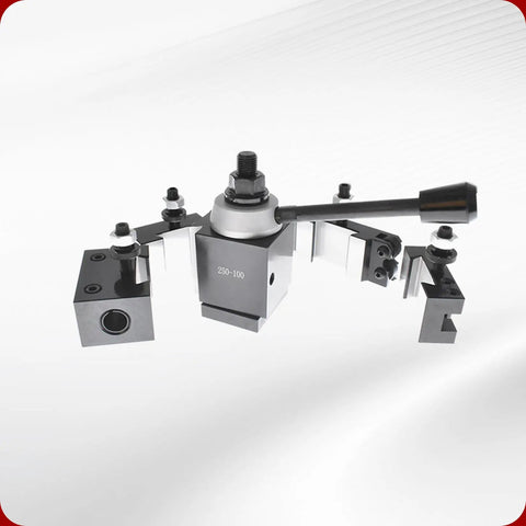 Six Piece AXA 250 100 Tool Post Set for CNC High Accuracy Piston Type Quick Change with Swing Diameter 12 Inches Pro Grade shown